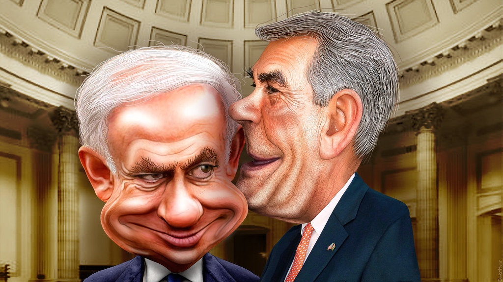 A digital caricature of two politicians smiling in front of a domed building interior.